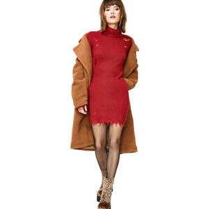 Signature8 Wool Blend Turtleneck Destroyed Fringe Knit Sweater Dress Red  Small
